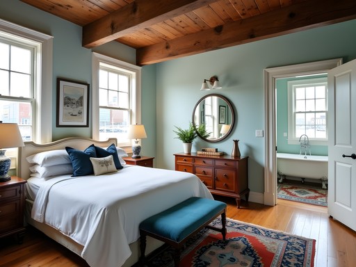 Elegant boutique hotel room in Portsmouth with harbor views and historic details