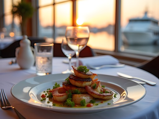 Elegant waterfront dining in Portsmouth with harbor views at sunset