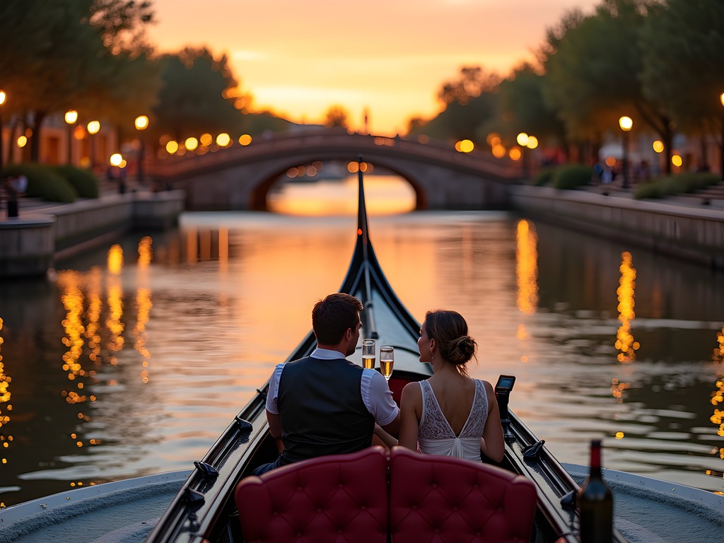 Private gondola experience on the Arkansas Riverwalk at sunset in Pueblo