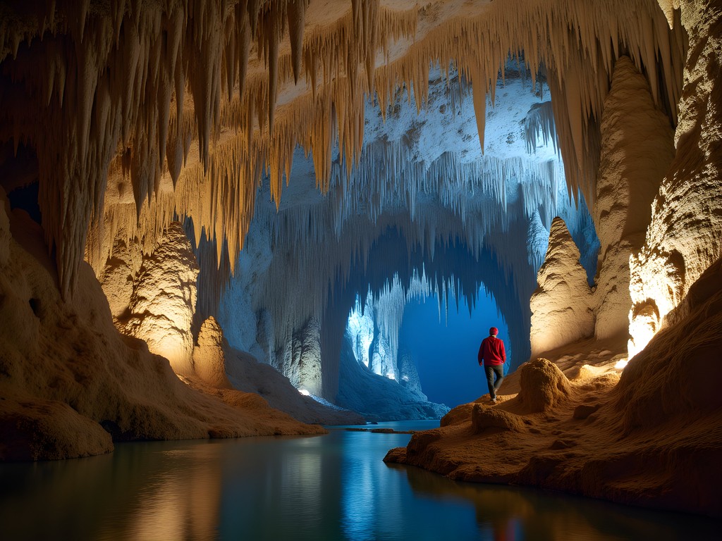 Illuminated limestone formations in Natural Bridge Caverns during exclusive tour