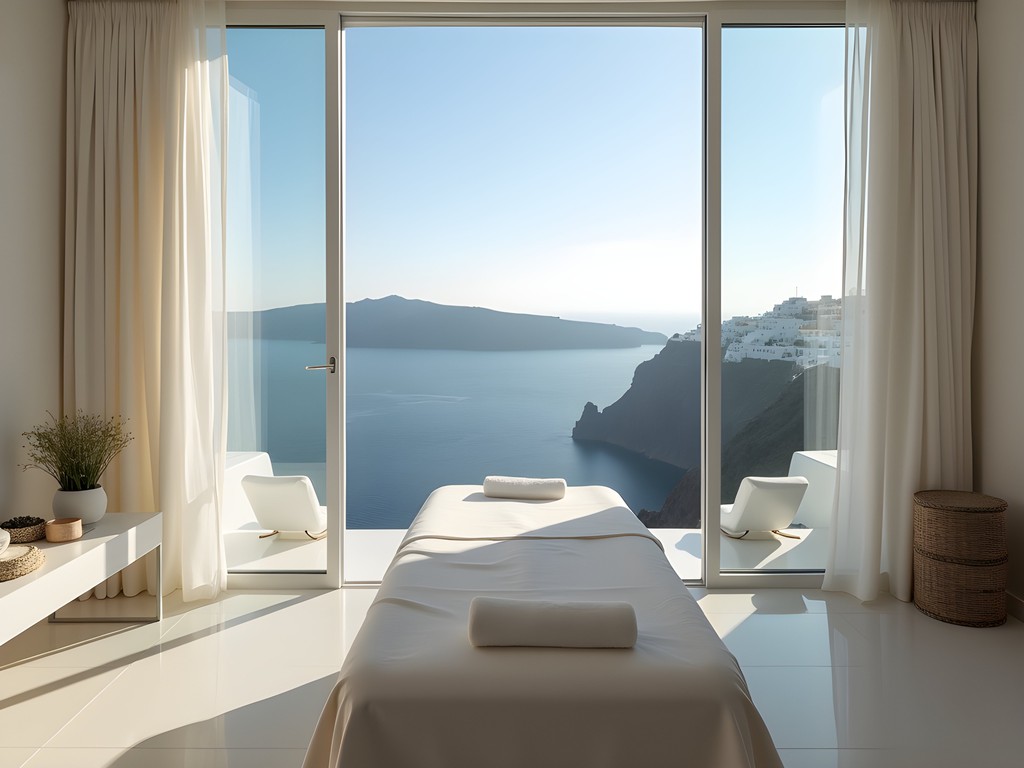 Luxury spa treatment room with panoramic caldera views in Santorini