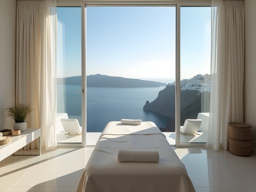 Luxury spa treatment room with panoramic caldera views in Santorini