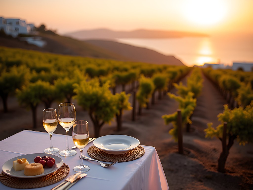 Traditional Santorini vineyard with basket-shaped vines at sunset during private wine tasting