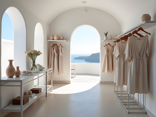 Luxury boutique interior in Oia, Santorini featuring Greek designer fashion and jewelry