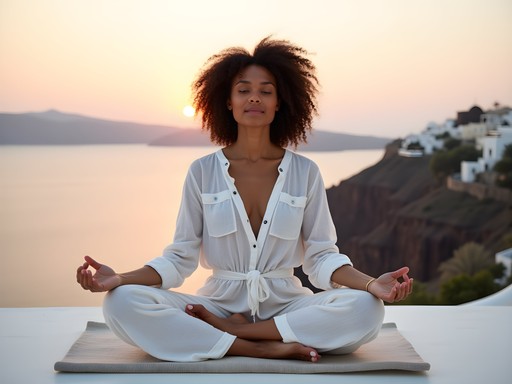 Morning meditation on luxury hotel terrace overlooking Santorini caldera at sunrise