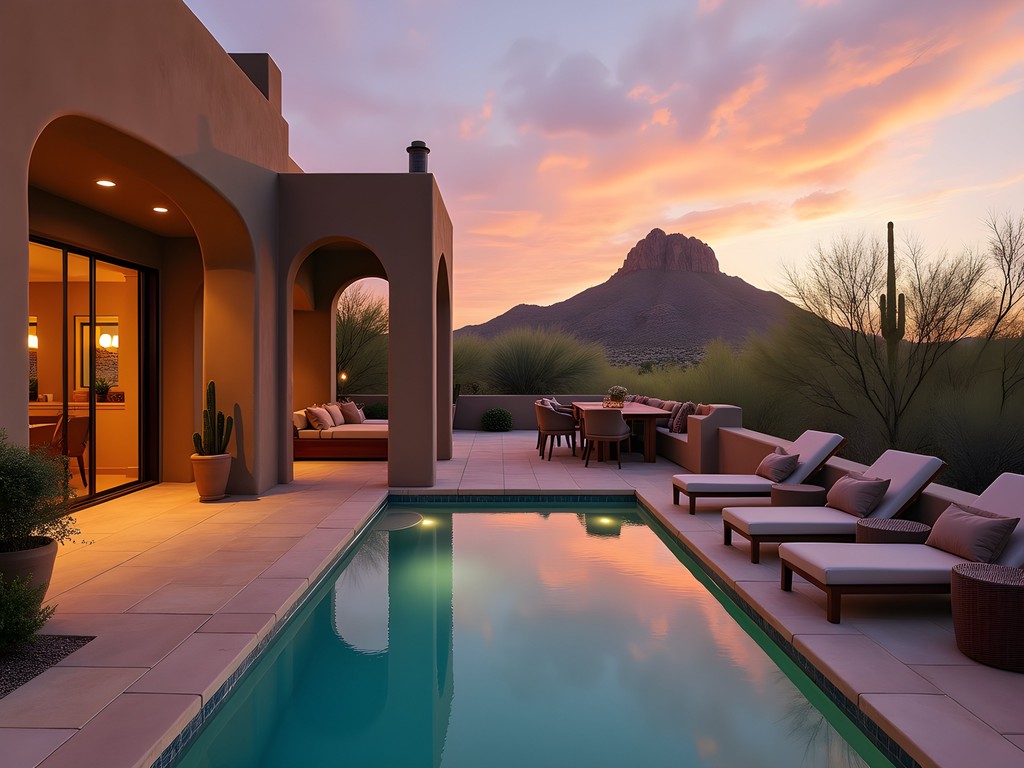 Luxury casita terrace overlooking Pinnacle Peak at sunset in Scottsdale Arizona