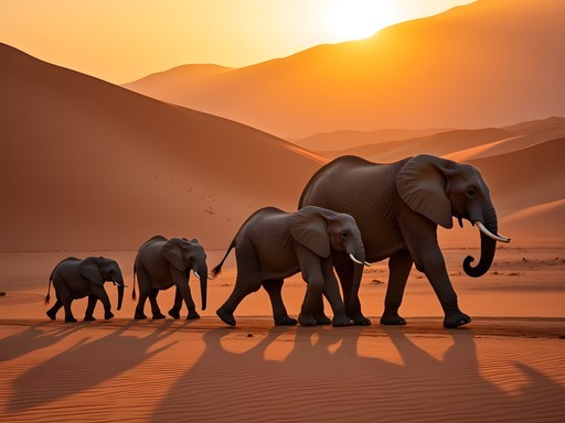 Desert-adapted elephants walking through Namibian dunes at sunset