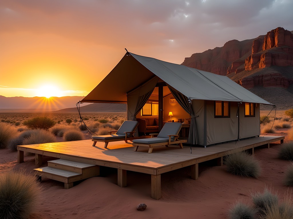 Luxury safari tent at Hoanib Valley Camp with mountains and desert landscape at sunset