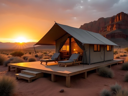 Luxury safari tent at Hoanib Valley Camp with mountains and desert landscape at sunset