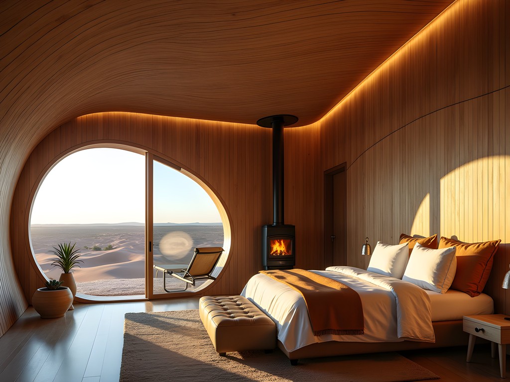 Luxury interior of Shipwreck Lodge cabin with panoramic desert views