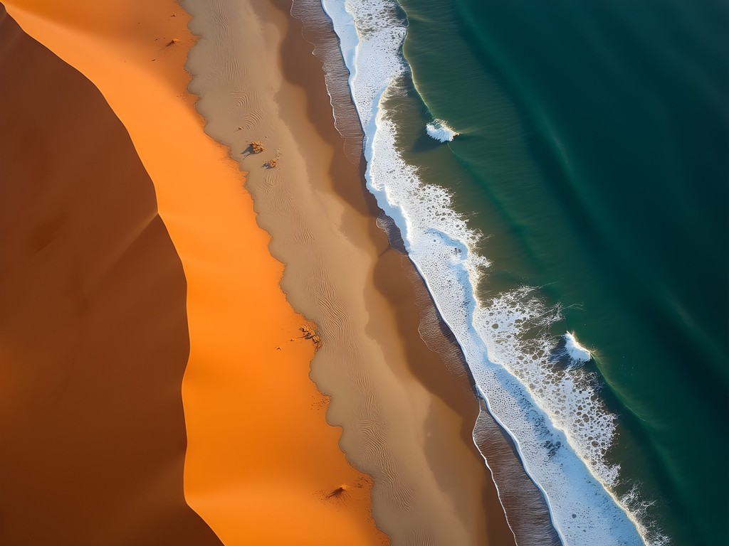 Aerial view of Namibia's Skeleton Coast showing shipwrecks and desert meeting ocean