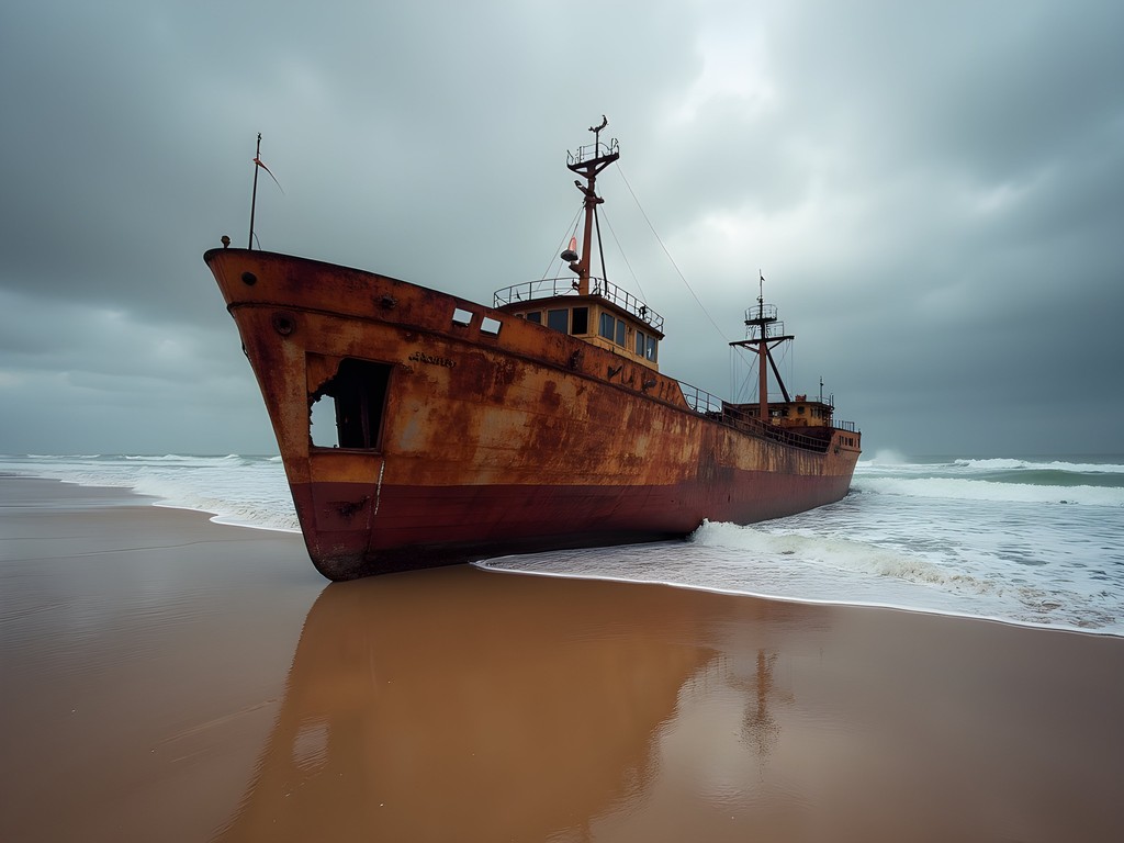 Historic shipwreck on Namibia's Skeleton Coast with person for scale