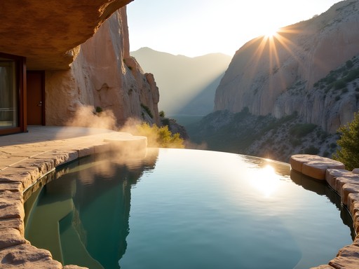 Exclusive outdoor soaking pool overlooking Spearfish Canyon at luxury spa during sunset