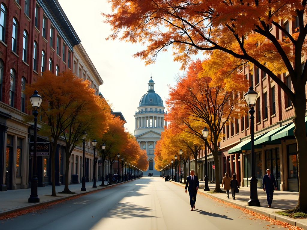 Downtown Springfield Illinois during fall with golden autumn foliage and historic buildings