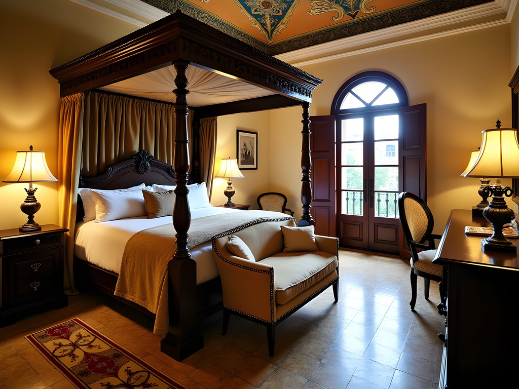 Luxurious Moorish-inspired suite at Casa Monica Resort with four-poster bed and ornate decor