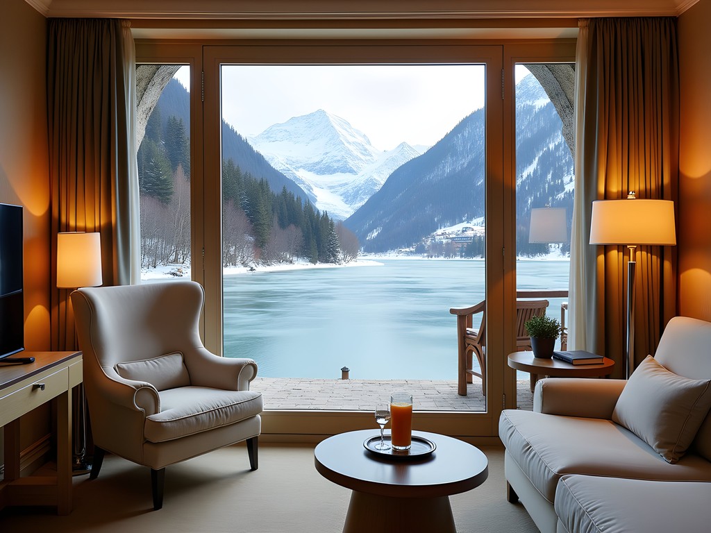 Luxurious suite at Badrutt's Palace Hotel with panoramic view of frozen St. Moritz Lake