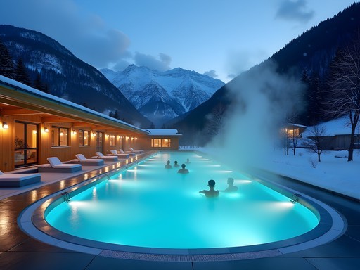 Luxurious outdoor thermal pool with steam rising against snowy Alpine mountains in St. Moritz