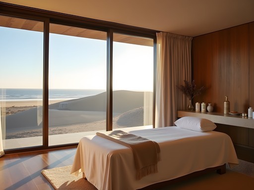 Luxury spa treatment room with panoramic views of Namib desert meeting ocean