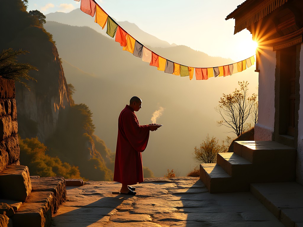 Sunrise prayer ceremony at Bumdra Monastery above Tiger's Nest in Bhutan