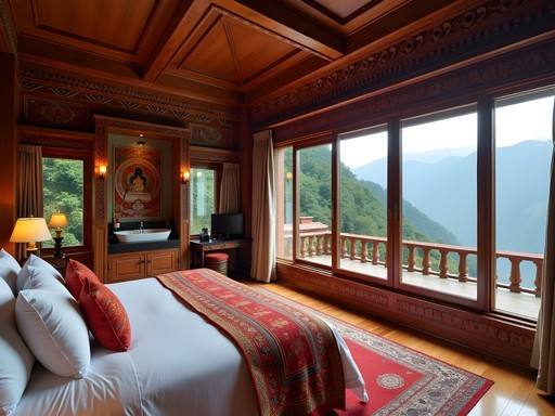 Luxury Bhutanese accommodation featuring traditional architectural elements and panoramic valley views