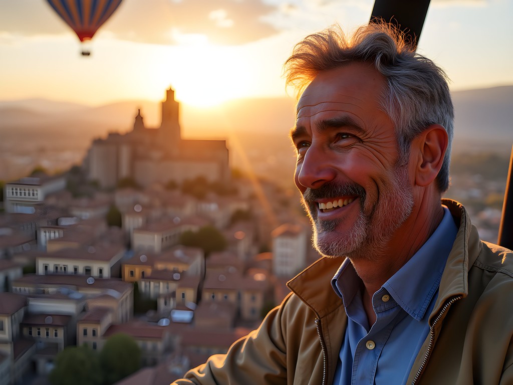 Hayden James enjoying luxury hot air balloon ride over Toledo's medieval cityscape at sunrise