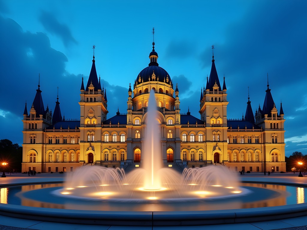 Palace of Culture in Iasi, Romania illuminated at dusk with ornate neo-Gothic architecture