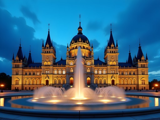 Palace of Culture in Iasi, Romania illuminated at dusk with ornate neo-Gothic architecture