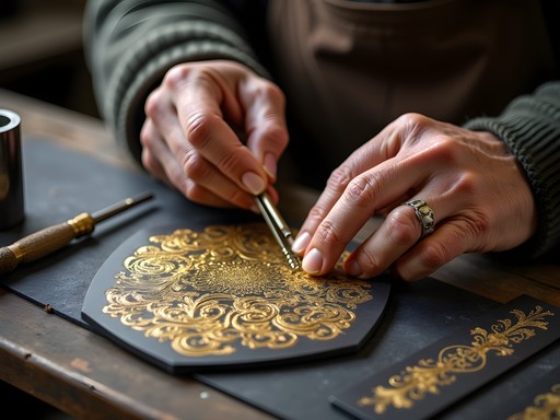 Traditional damascene artisan creating gold-inlaid artwork in Toledo workshop
