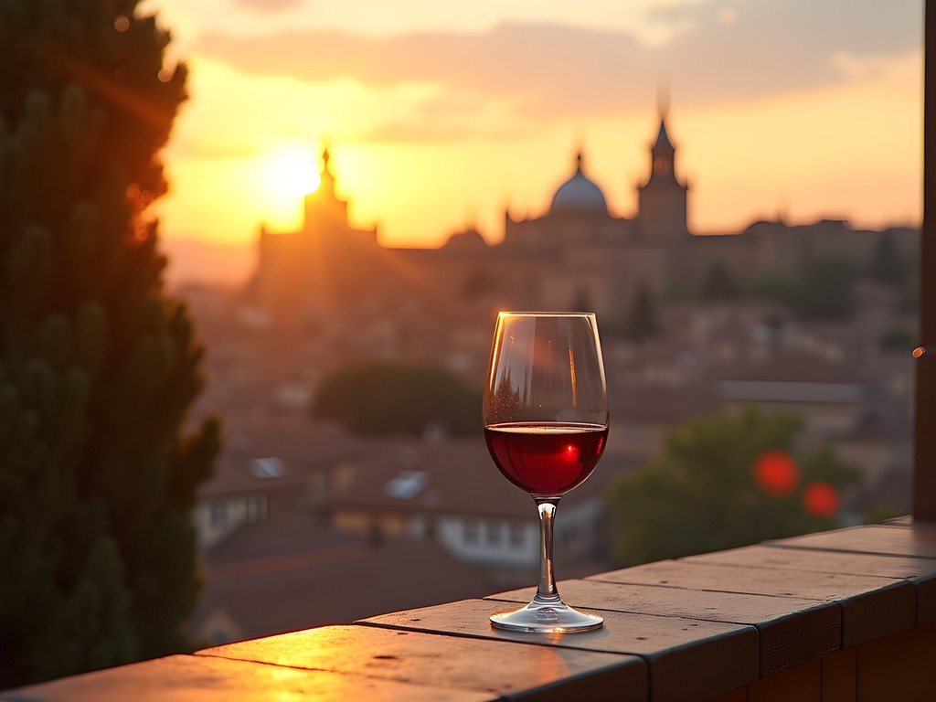 Panoramic view of Toledo's medieval skyline at sunset from luxury hotel terrace