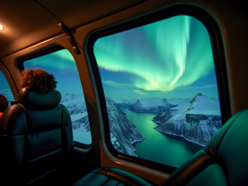 Luxury helicopter tour viewing Northern Lights above Tromsø fjords
