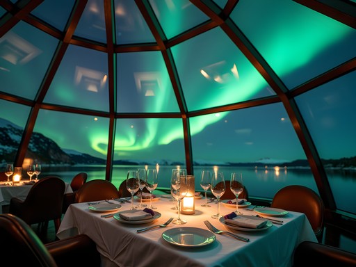 Luxury glass dome restaurant with Northern Lights visible overhead in Tromsø