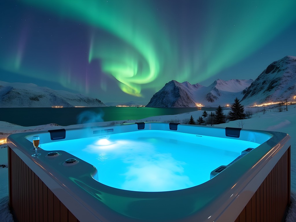 Luxury outdoor hot tub with Northern Lights overhead in Tromsø wilderness