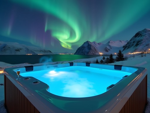 Luxury outdoor hot tub with Northern Lights overhead in Tromsø wilderness