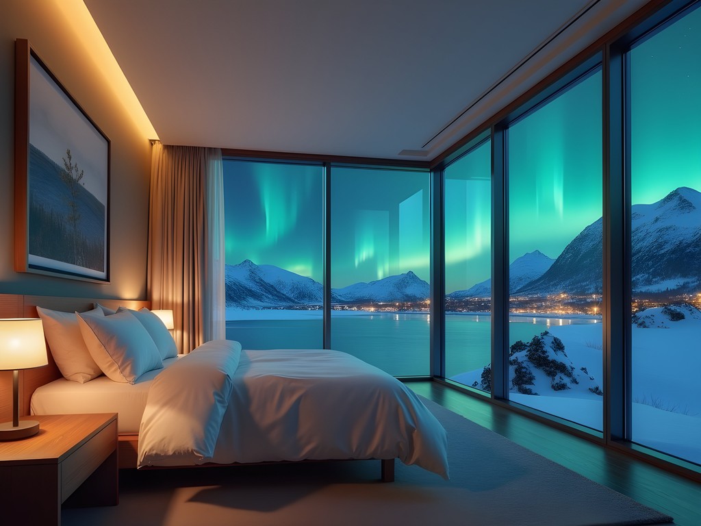 Luxury hotel room in Tromsø with panoramic windows displaying the Northern Lights