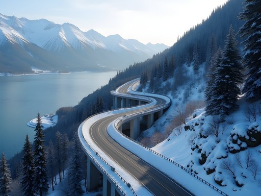 Sea-to-Sky Highway with snow-covered mountains and engineering features visible
