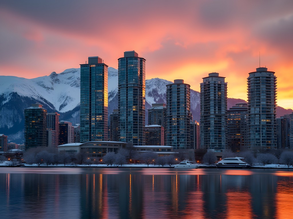 Vancouver skyline at sunset with snow-capped mountains in background