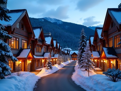 Whistler Village alpine architecture with heavy timber construction and snow-covered roofs