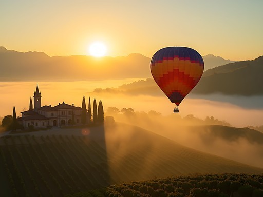 Hot air balloon floating over Valpolicella vineyards near Verona at sunrise