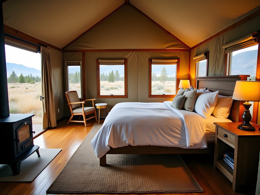 Interior of luxury glamping tent at Yellowstone with king bed and wooden furnishings
