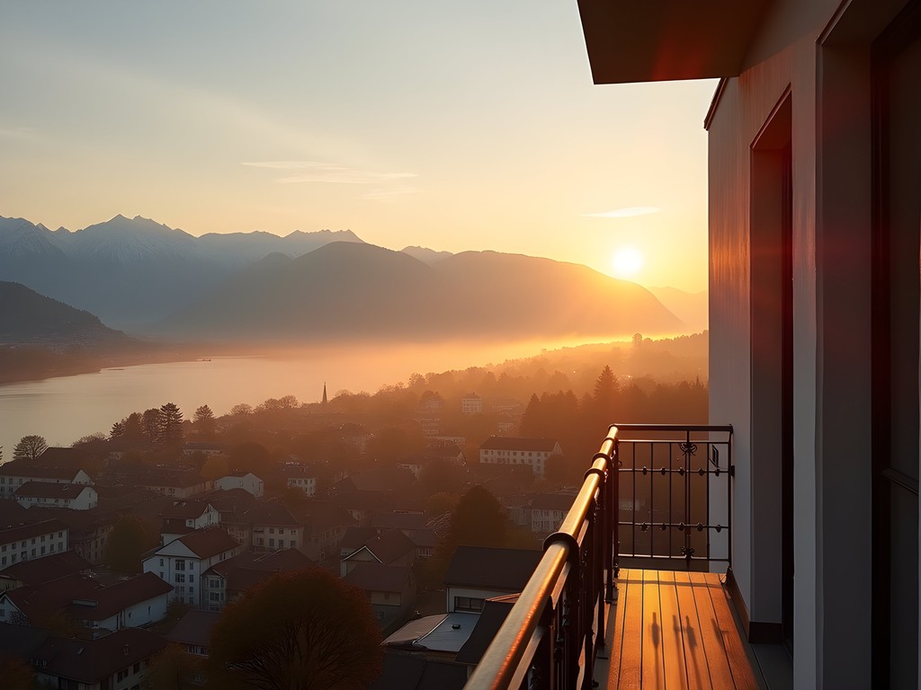 Sunrise view from The Dolder Grand hotel overlooking Zurich and the Alps