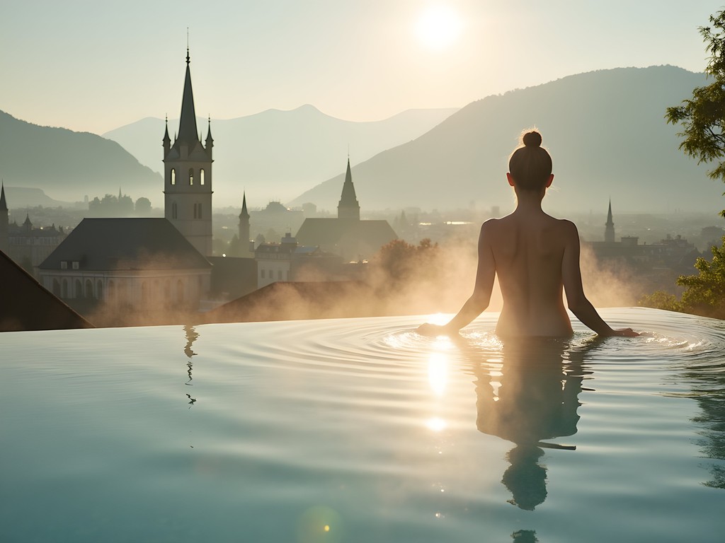 Rooftop infinity thermal pool at Thermalbad Spa Zurich with city view