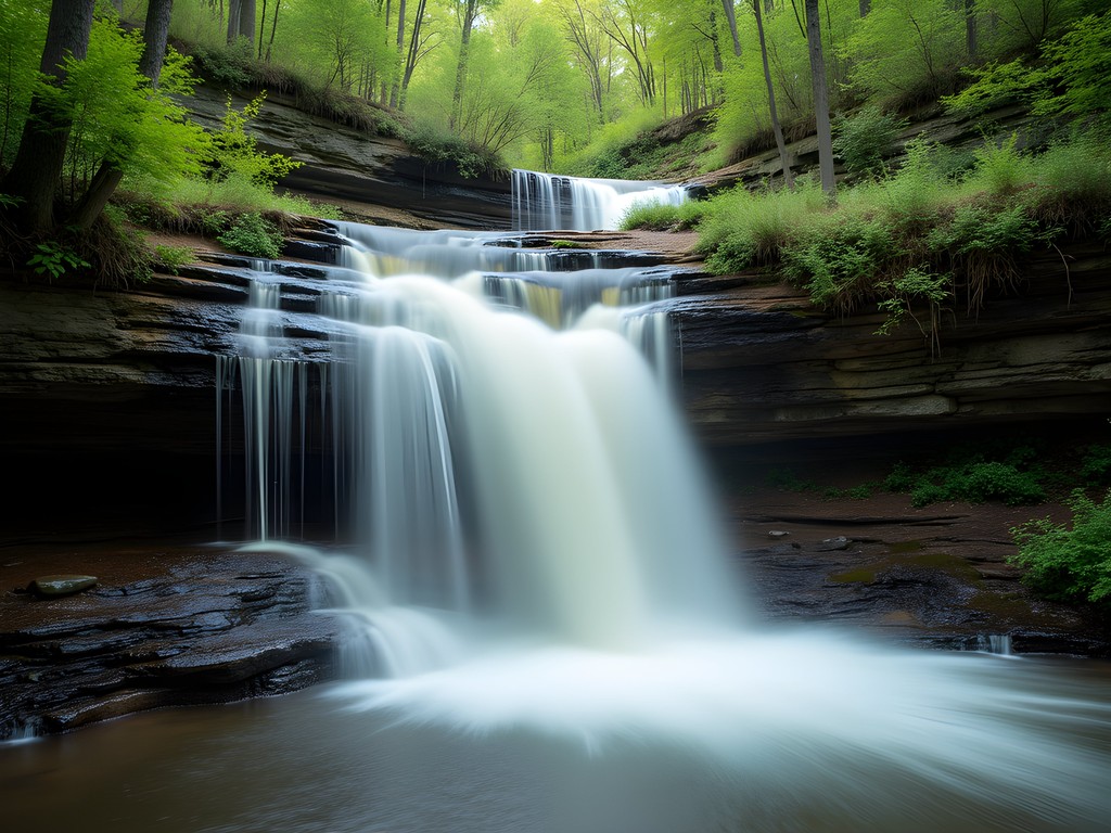 Cherokee Falls waterfall in Cloudland Canyon State Park surrounded by spring foliage
