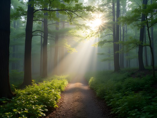 Morning fog lifting from Pine Mountain Trail with spring wildflowers and hardwood forest