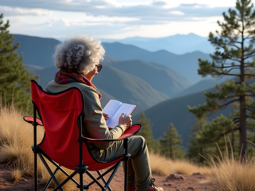 Woman journaling on Sandia Crest Trail with panoramic mountain views