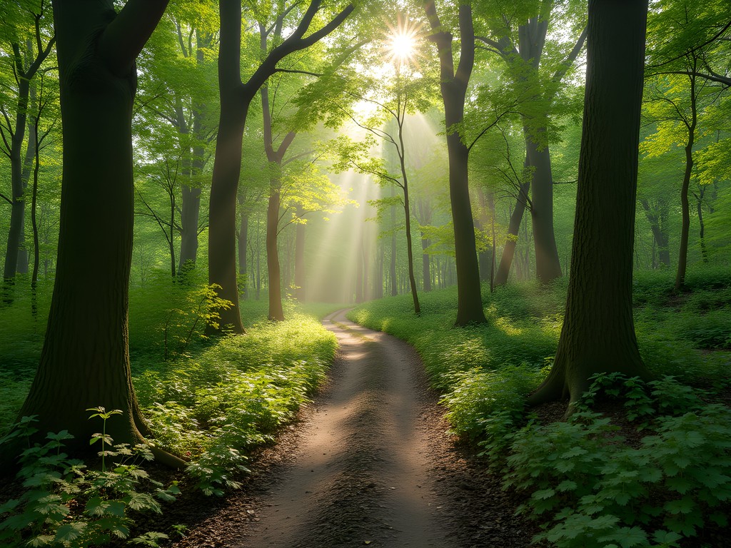 Sunlight filtering through trees on a forest path in Utrechtse Heuvelrug National Park