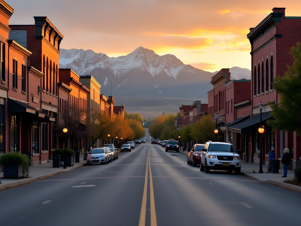 Sunrise view of Olde Town Arvada with Rocky Mountains in background