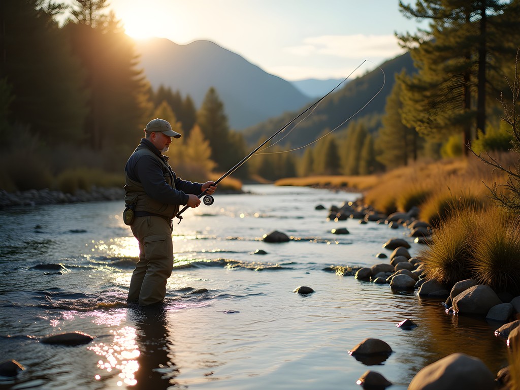 Man fishing in Clear Creek with mountains in background