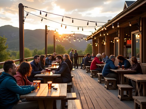 Outdoor brewery patio in Golden with mountain views and hikers enjoying craft beer