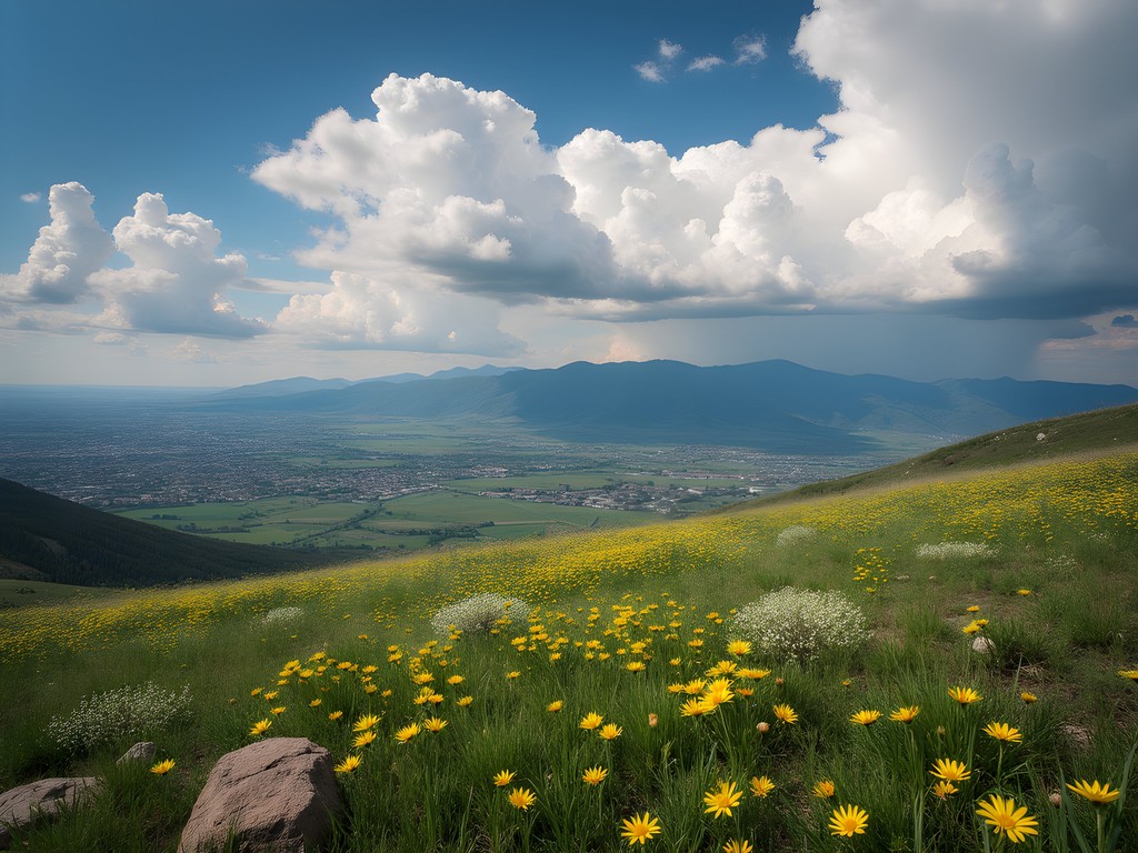 Panoramic view from North Table Mountain showing Denver skyline and Rocky Mountains