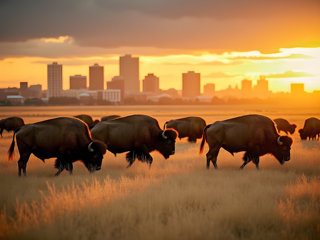 Bison herd grazing in Rocky Mountain Arsenal with Denver skyline in background